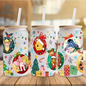 Cute Pooh And Friends Toddler Christmas 16oz Glass Can Wrap, Bear Libbey 16 oz, Christmas Tree Glass Can 16oz, Magical Christmas Tumbler