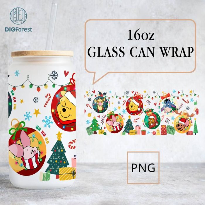 Cute Pooh And Friends Toddler Christmas 16oz Glass Can Wrap, Bear Libbey 16 oz, Christmas Tree Glass Can 16oz, Magical Christmas Tumbler