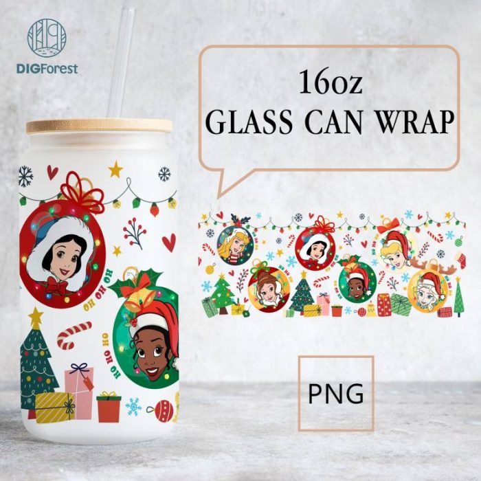 Disney Princess Christmas 16oz libbey can Cartoon PNG, Cinderella 16oz Glass Can Wrap, Disneyland Christmas Tumbler Wrap, Full Glass Can Wrap