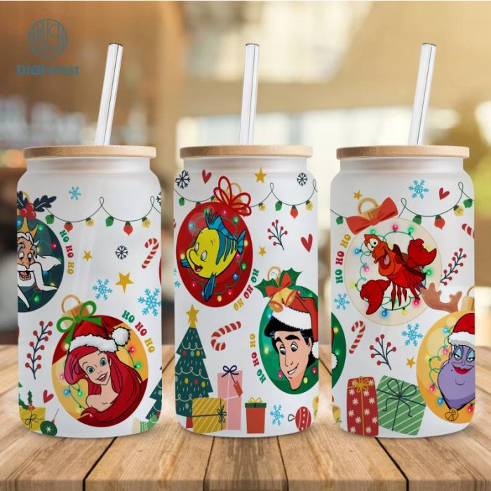 Disney The Little Mermaid Christmas 16oz libbey can Cartoon PNG, Ariel 16oz Glass Can Wrap, Disneyland Christmas Tumbler Wrap, Full Glass Can Wrap