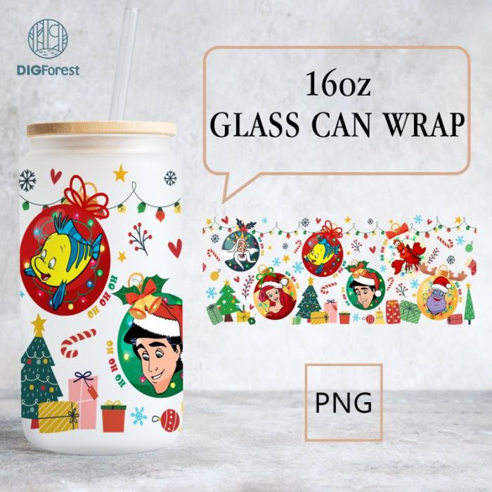 Disney The Little Mermaid Christmas 16oz libbey can Cartoon PNG, Ariel 16oz Glass Can Wrap, Disneyland Christmas Tumbler Wrap, Full Glass Can Wrap