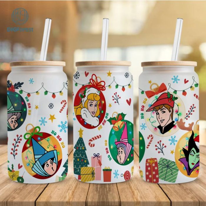 Disney Sleeping Beauty Christmas 16oz libbey can Cartoon PNG, Aurora 16oz Glass Can Wrap, Disneyland Christmas Tumbler Wrap, Full Glass Can Wrap