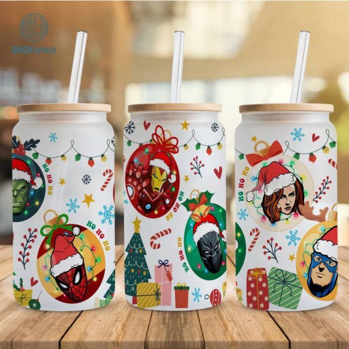 Avengers Christmas 16oz libbey can Cartoon PNG, Superhero 16oz Glass Can Wrap, Disneyland Christmas Tumbler Wrap, Full Glass Can Wrap