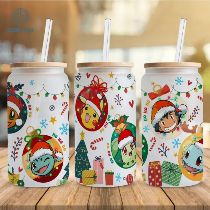 Pikachu Christmas 16oz libbey can Cartoon PNG, Eevee 16oz Glass Can Wrap, Disneyland Christmas Tumbler Wrap, Full Glass Can Wrap