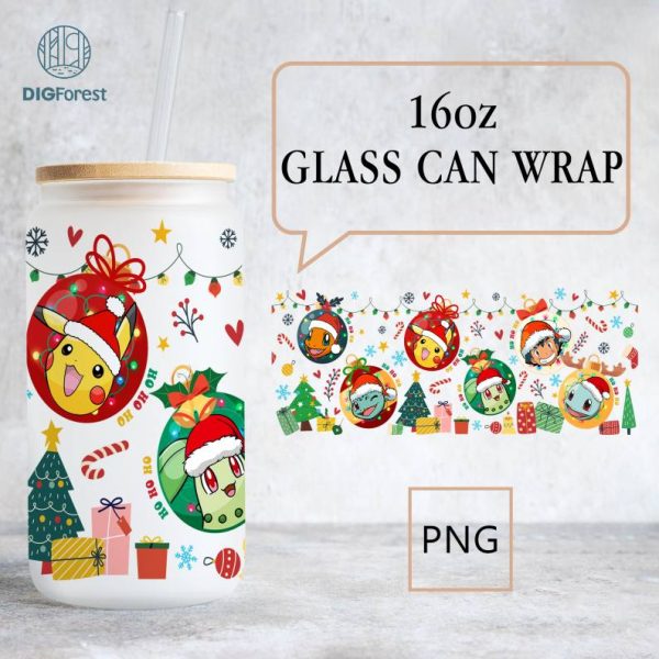 Pikachu Christmas 16oz libbey can Cartoon PNG, Eevee 16oz Glass Can Wrap, Disneyland Christmas Tumbler Wrap, Full Glass Can Wrap