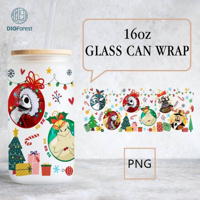 Nightmare Before Christmas 16oz libbey can Cartoon PNG, Jack Sally 16oz Glass Can Wrap, Disneyland Christmas Tumbler Wrap, Glass Can Wrap