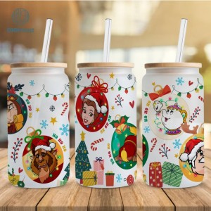 Disney Beauty and the Beast Christmas 16oz libbey can Cartoon PNG, Belle 16oz Glass Can Wrap, Disneyland Christmas Tumbler Wrap Full Glass Can Wrap