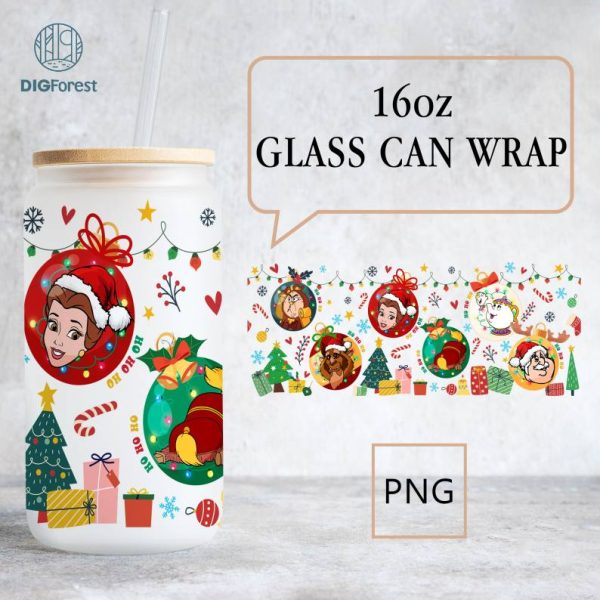 Disney Beauty and the Beast Christmas 16oz libbey can Cartoon PNG, Belle 16oz Glass Can Wrap, Disneyland Christmas Tumbler Wrap Full Glass Can Wrap