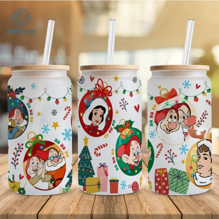 Disney Snow White and 7 Dwarfs Christmas 16oz libbey can Cartoon PNG, 16oz Glass Can Wrap, Disneyland Christmas Tumbler Wrap, Full Glass Can Wrap