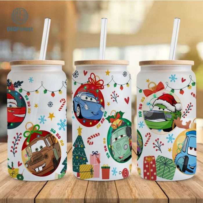 Disney Pixar Cars Christmas 16oz libbey can Cartoon PNG, Lightning Mcqueen 16oz Glass Can Wrap, Disneyland Christmas Tumbler Wrap, Glass Can Wrap