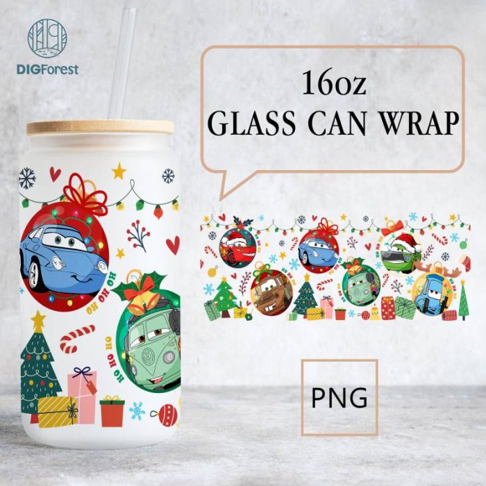 Disney Pixar Cars Christmas 16oz libbey can Cartoon PNG, Lightning Mcqueen 16oz Glass Can Wrap, Disneyland Christmas Tumbler Wrap, Glass Can Wrap