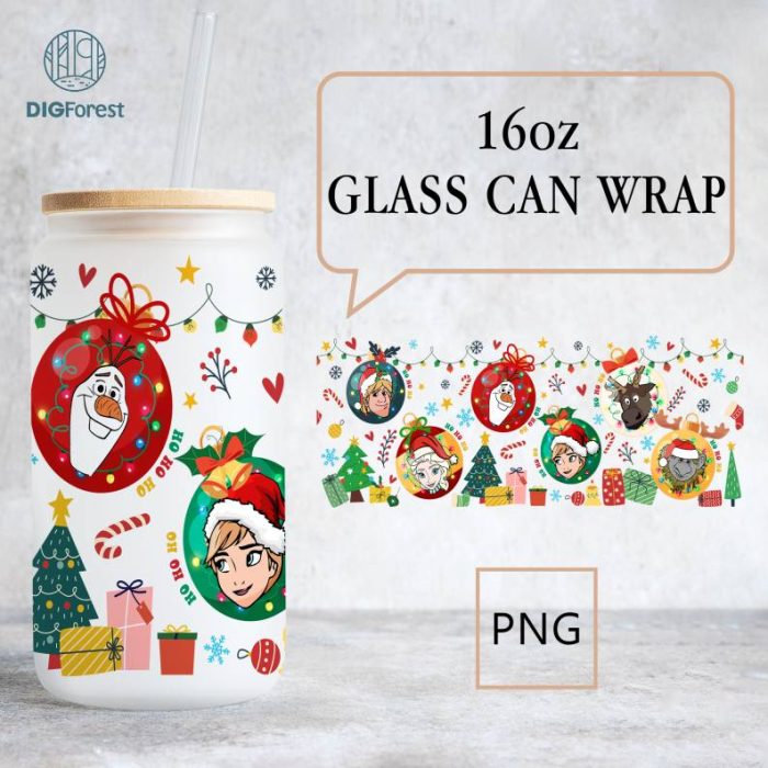 Disney Frozen Christmas 16oz libbey can Cartoon PNG, Elsa Anna Olaf Kristoff 16oz Glass Can Wrap, Disneyland Christmas Tumbler Wrap, Glass Can Wrap