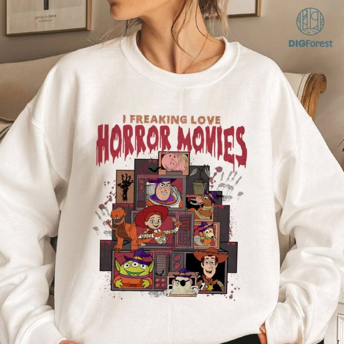 Retro I Freaking Love Horror Movies Disney Toy Story Png | Woody Buzz Lightyear Halloween Png | Trick Or Treat Horror Halloween Party Shirt | Digital Download