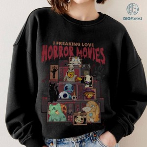 Retro I Freaking Love Horror Movies Pikachu Png | Bulbasaur Charmander Halloween Png | Trick Or Treat Horror Halloween Party Shirt