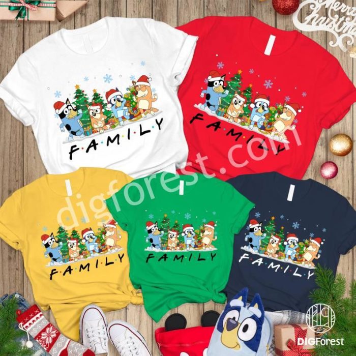 Bluey and Bingo Family Christmas Shirt, Merry Christmas 2024 Bluey Kids Shirt, Blue Dog Christmas PNG, Bluey Family Holiday Shirt, Digital Download