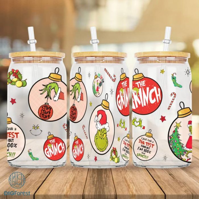 Merry Grinchmas 16oz Libbey Glass Can Wrap | The Grinch Christmas 2023 Design Sublimation PNG | Grinch Coffee Tumbler Wrap PNG