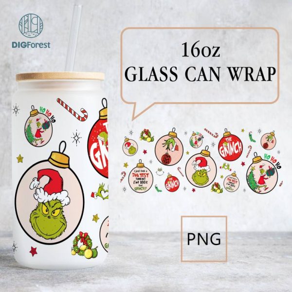 Merry Grinchmas 16oz Libbey Glass Can Wrap | The Grinch Christmas 2023 Design Sublimation PNG | Grinch Coffee Tumbler Wrap PNG