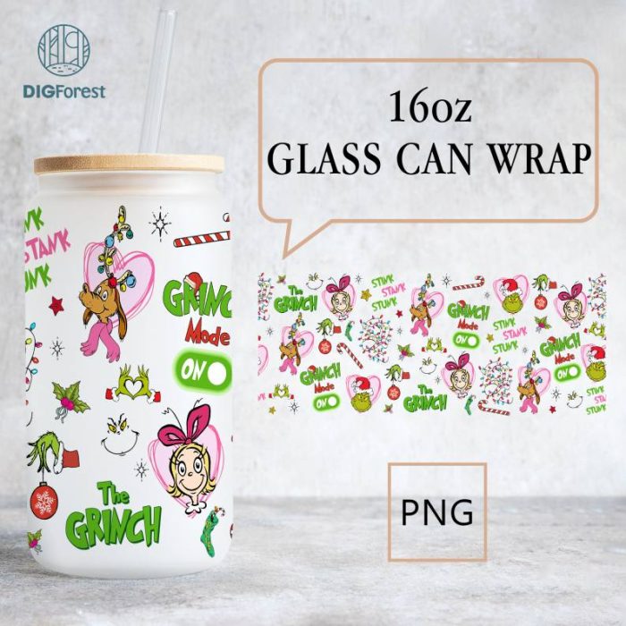 Merry Grinchmas 16oz Libbey Glass Can Wrap Design Sublimation PNG | Grinch Coffee Tumbler Wrap PNG | The Grinch Christmas 2023