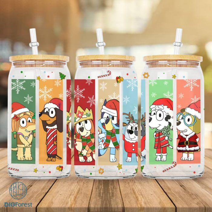 Bluey Christmas 16Oz Libbey Can Cartoon Png, Bluey 16Oz Glass Can Wrap, Bluey Bingo Family Xmas, Bluey Christmas Tumbler Wrap, Bluey Party