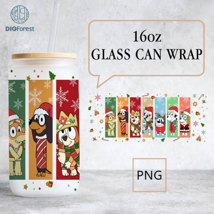 Bluey Christmas 16Oz Libbey Can Cartoon Png, Bluey 16Oz Glass Can Wrap, Bluey Bingo Family Xmas, Bluey Christmas Tumbler Wrap, Bluey Party