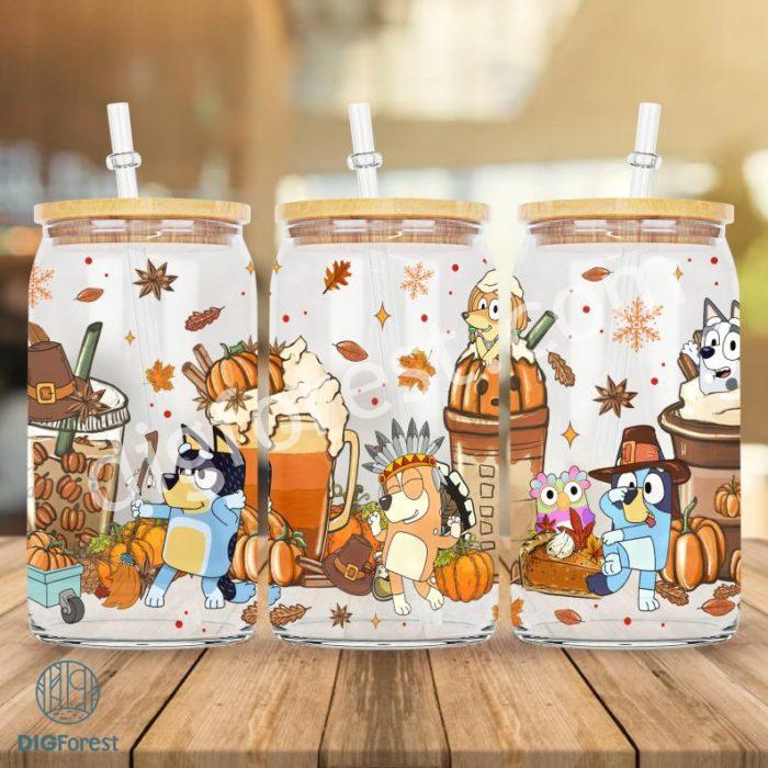 Bluey Thanksgiving 16Oz Libbey Can Png, Bluey 16Oz Glass Can Wrap, Bluey Bingo Family, Bluey Tumbler Wrap, Bluey Fall Autumn Png