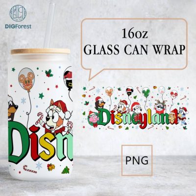 Bluey Christmas 16oz Libbey Can Cartoon Png, Bluey 16oz Glass Can Wrap, Bluey Bingo Family Xmas, Bluey Christmas Tumbler Wrap, Bluey Party Png