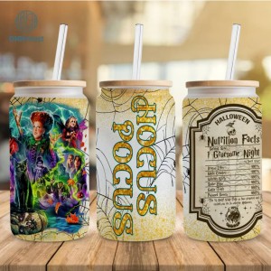 Hocus Pocus Sanderson Sisters Nutrition Facts Png, Halloween Witch Movie 16 oz Glass Can Sublimation Design, Halloween Funny Movie Glass Can Wrap Png, Glass Can Wrap