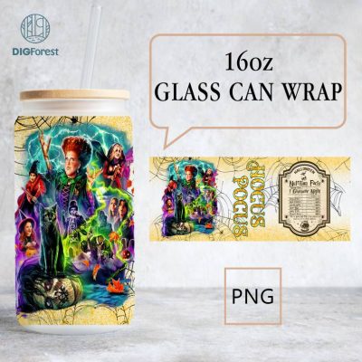 Hocus Pocus Sanderson Sisters Nutrition Facts Png, Halloween Witch Movie 16 oz Glass Can Sublimation Design, Halloween Funny Movie Glass Can Wrap Png, Glass Can Wrap