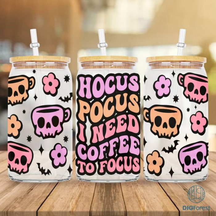 Hocus Pocus I Need Coffee To Focus 16oz Libbey Glass Wrap Png, Hocus Pocus Sanderson Sisters, 16 Oz Libbey Glass Can Tumbler Designs