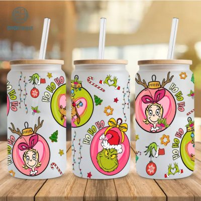 Grinch Cartoon 16oz Glass Can, Christmas Tumbler Wrap Design, Merry Christmas Can Glass My Day Libbey Can Glass Christmas Vibes Pink Christmas Wrap