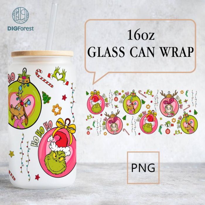 Grinch Cartoon 16oz Glass Can, Christmas Tumbler Wrap Design, Merry Christmas Can Glass My Day Libbey Can Glass Christmas Vibes Pink Christmas Wrap