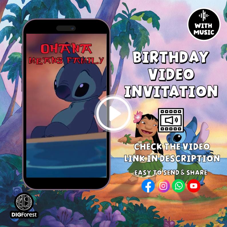 Disney Stitch Birthday Party Invitation Video Editable Canva | Stitch Birthday Phone Digital Invitation video | Editable Invitation Digforest.com