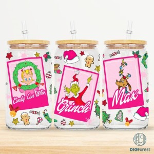 Merry Christmas Can Glass My Day Libbey Can Glass, Grinch Cartoon 16oz Glass Can Christmas Tumbler Wrap, Christmas Vibes Pink Christmas Wrap