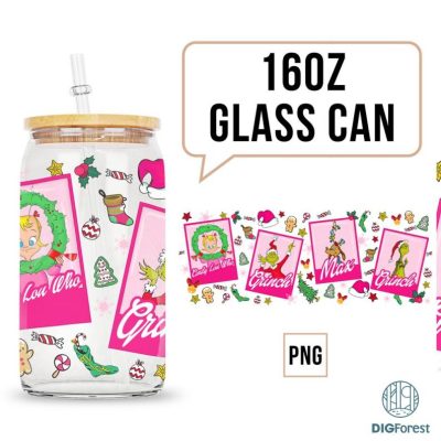 Merry Christmas Can Glass My Day Libbey Can Glass, Grinch Cartoon 16oz Glass Can Christmas Tumbler Wrap, Christmas Vibes Pink Christmas Wrap