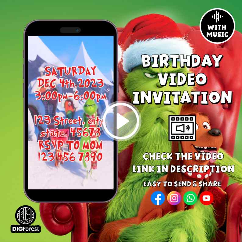 Grinchmas Birthday Invitation Video | Christmas Birthday | Boy Girl Birthday | He's a sweet one | Mean One | Red Gingham | Editable Canva