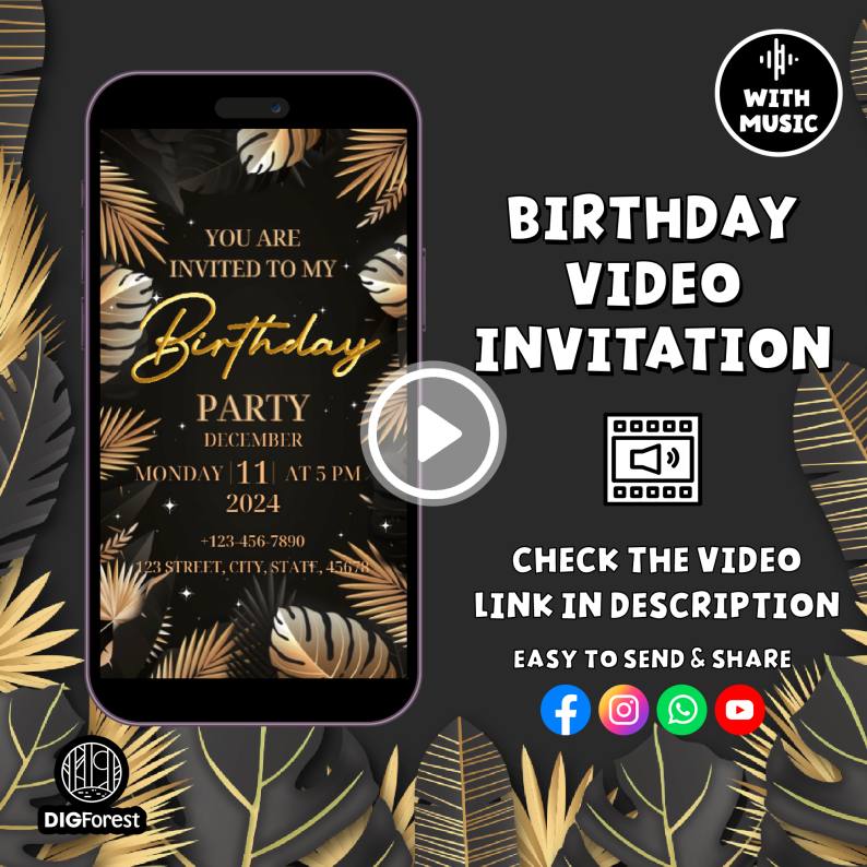 Canva Editable Video Invitation | Birthday Invite | Birthday Video Invitation | Birthday Party | Editable Invitation Digforest.com