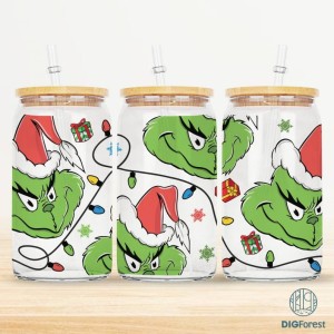 Grinch Christmas Libbey 16Oz Can Glass Png, Christmas Png, Grinch Coffee Glass Can, My Day Libbey Can Glass, Pink Christmas Wrap Png