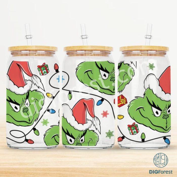 Grinch Christmas Libbey 16Oz Can Glass Png, Christmas Png, Grinch Coffee Glass Can, My Day Libbey Can Glass, Pink Christmas Wrap Png