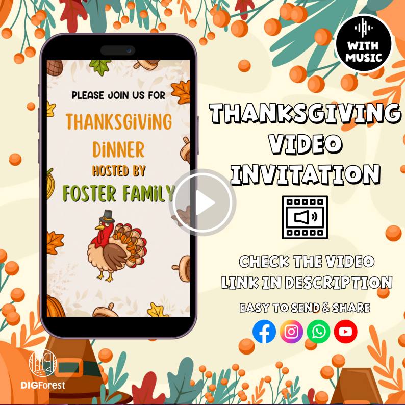 Thanksgiving Invitation Video | Digital Invitation | Friendsgiving Video Invite | Canva Template | Digital Download | Thanksgiving Invite Digforest.com