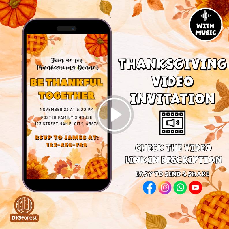 Thanksgiving Party Invite | Thanksgiving Dinner Invite | Digital Invitation | Video Invitation | Friendsgiving Invitation Digforest.com