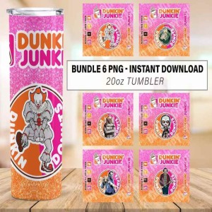 Horror Dunkin Junkie Tumbler Wrap Bundle Png | Horror Halloween Dunkin Junkie 20 Oz Skinny Tumbler Design | Horror Movie Coffee Tumbler Png