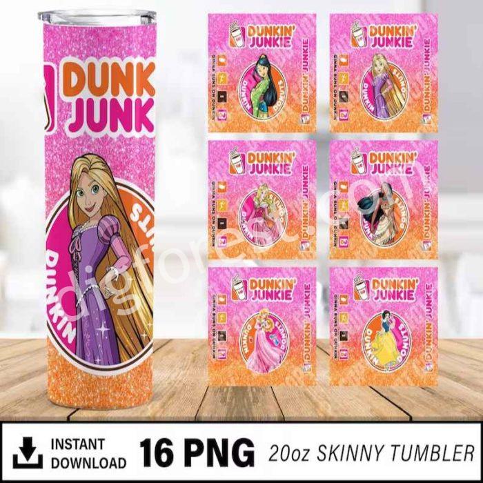 Disney Princess Dunkin Junkie 20oz Tumbler Wrap Png Bundle | Dunkin Junkie 20 Oz Skinny Tumbler Design | Princess Coffee Tumbler Sublimation Design