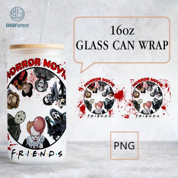 Horror Characters 16oz Libbey Can Glass Png, Halloween Png, Halloween Horror Movies Png, Halloween Friend Png, Horror Friends 16oz Glass Can Wrap Png