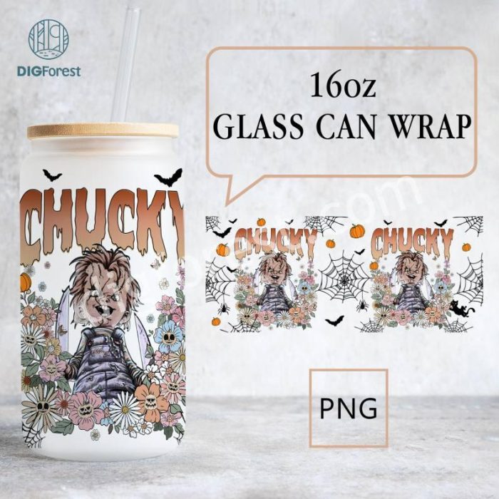 16oz Libbey Beer Glass Can Halloween Floral Seamless, Horror Scary Movie Friends, Glass Can 16oz Vintage Horror Halloween Floral Wrap Design