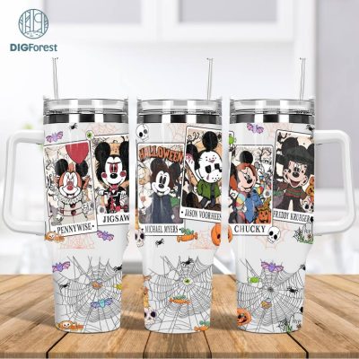 Disney Mickey Horror Tarot Card Tumbler Sublimation | Horror Characters Movie 40Oz Thin Straight Tumbler Wrap | Halloween Mickey'S Not So Scary PNG