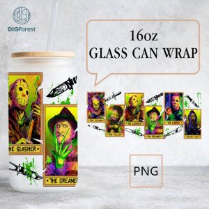 Horror movie Villains Libbey Tumbler Wrap Png, Horror Movie Characters Friends Glass Wrap PNG, 16oz Libbey Glass Can Wrap, Scary Faces