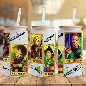 Horror movie Villains Libbey Tumbler Wrap Png, Horror Movie Characters Friends Glass Wrap PNG, 16oz Libbey Glass Can Wrap, Scary Faces