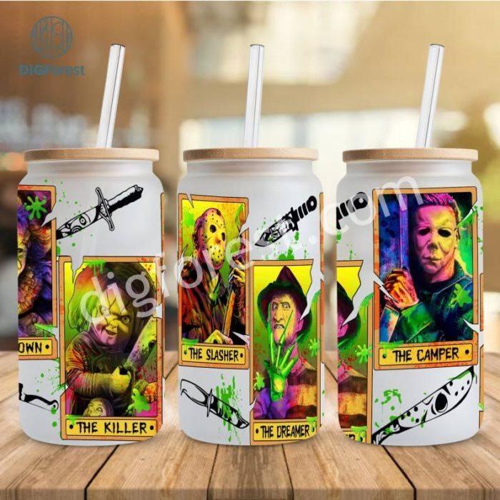 Horror movie Villains Libbey Tumbler Wrap Png, Horror Movie Characters Friends Glass Wrap PNG, 16oz Libbey Glass Can Wrap, Scary Faces