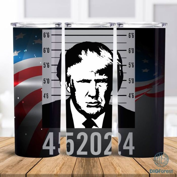 Tumbler 20oz Trump Surrender Mugshot 452024 Wrap, Trump 20oz Skinny Tumbler Sublimation Design, Instant Digital Download PNG, Trump Tumbler Wrap