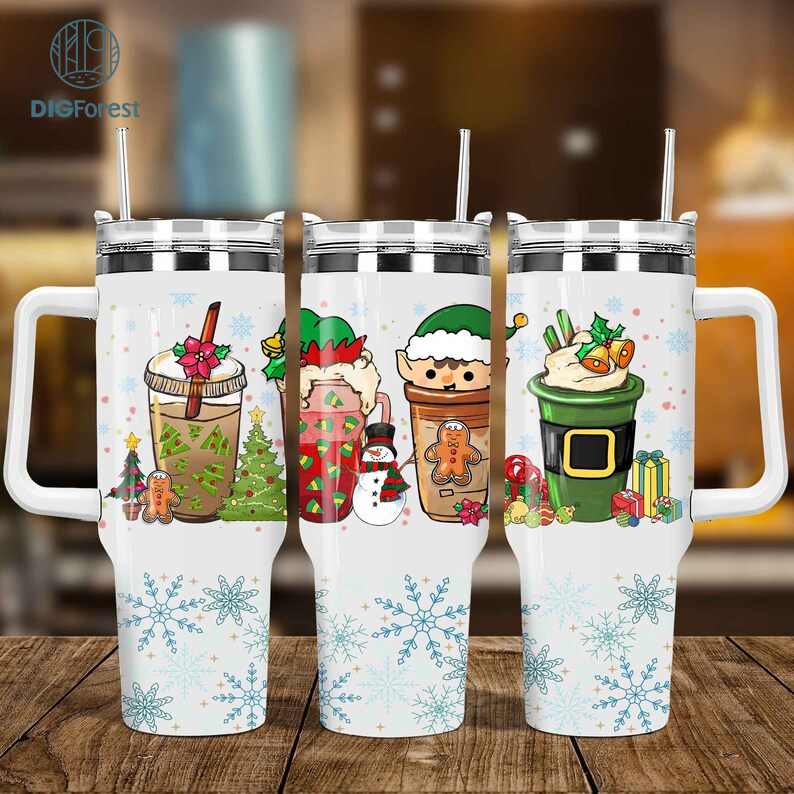 Christmas Coffee Cup 40oz Tumbler Wrap Png, Christmas Iced Coffee Cup 40 oz Tumbler Png, Glass Cup with Lid and Straw Tumbler Digforest.com